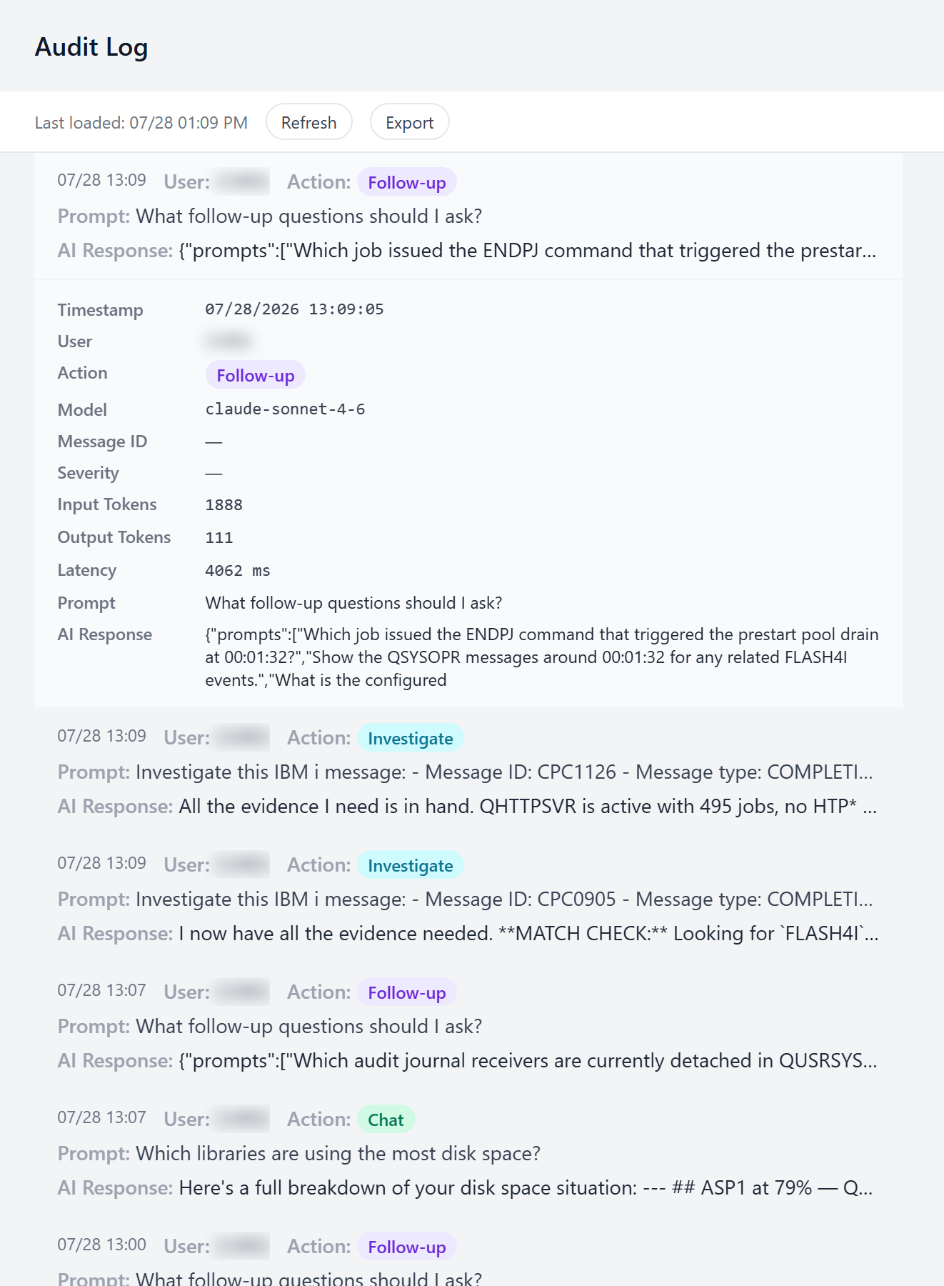 An audit entry expanded to show its full detail