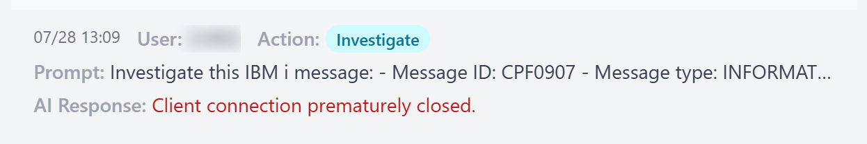An audit entry whose interaction ended in an error, showing the error in place of a response