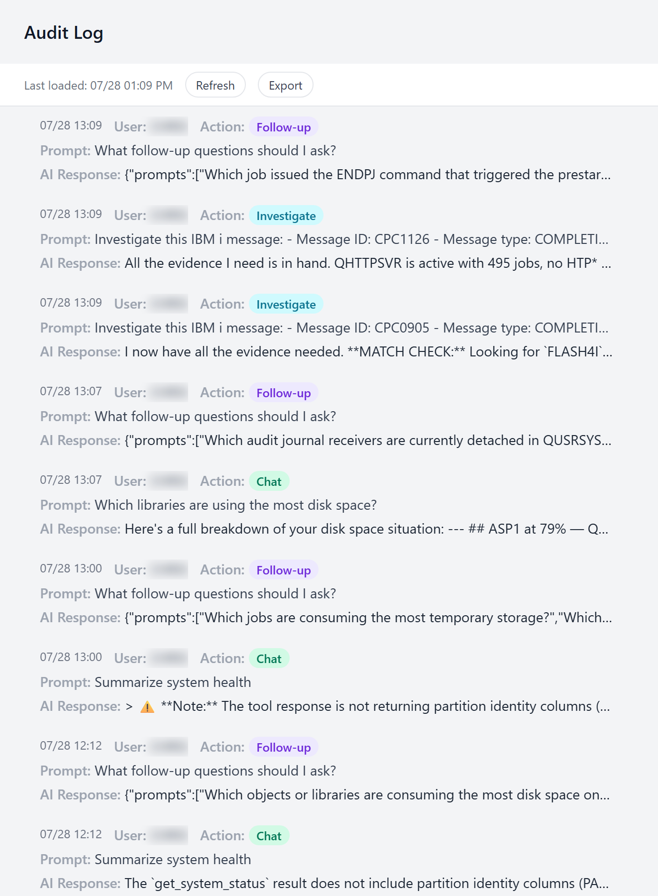 The Audit Log, one row per AI interaction, with action badges