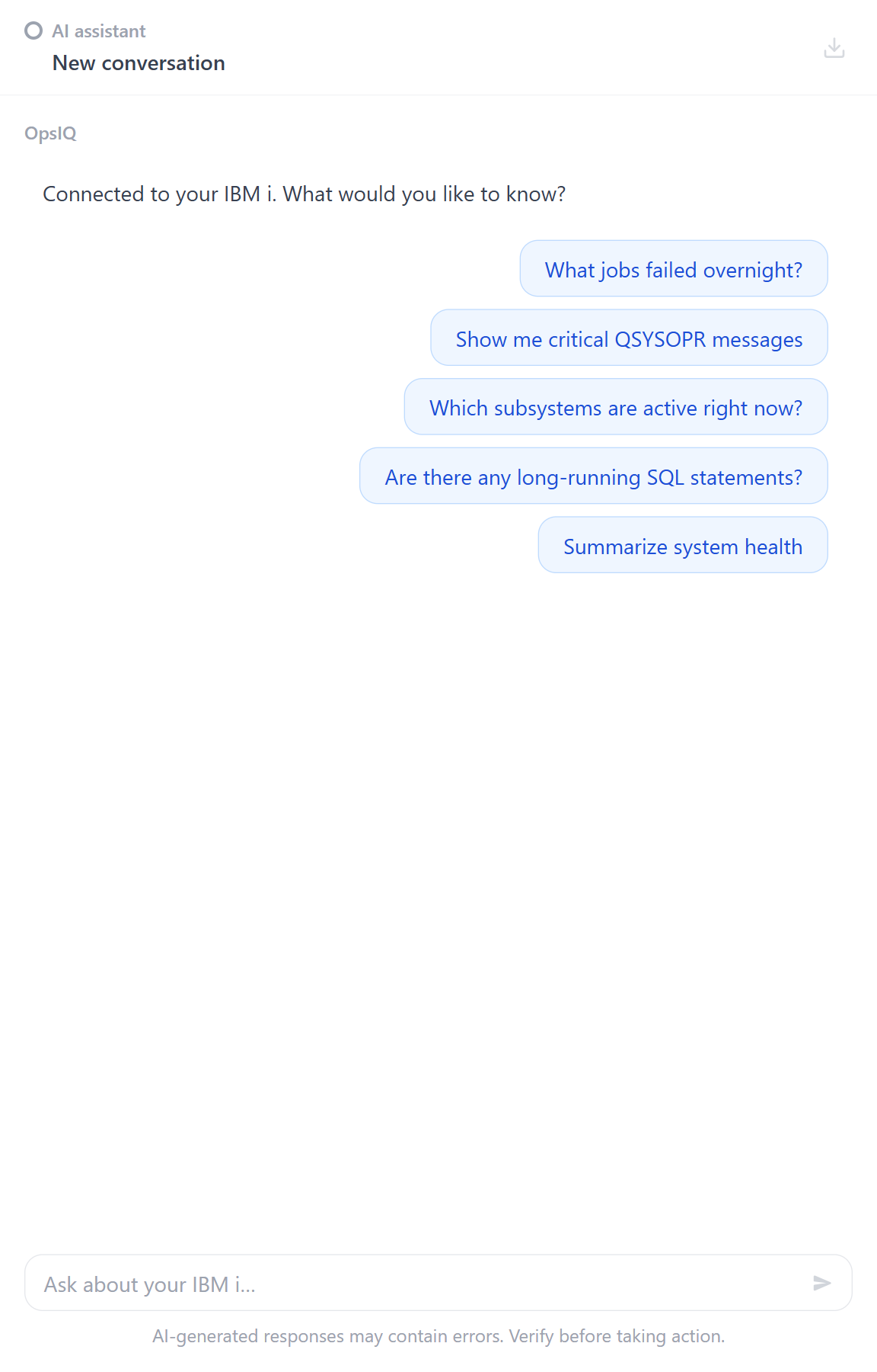 The Chat Assistant's starting view, with suggested questions
