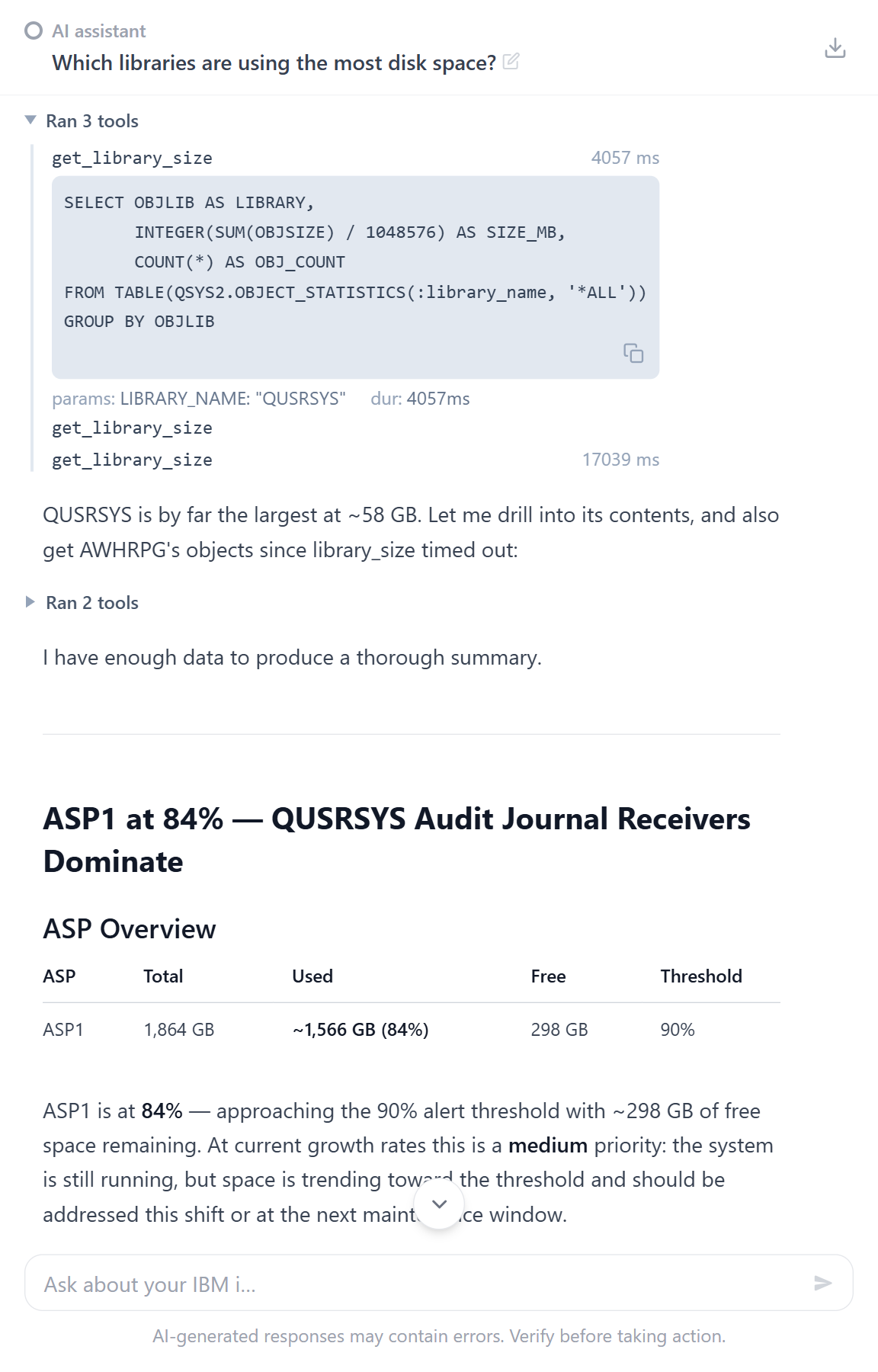 An individual tool call expanded to show the SQL statement it ran