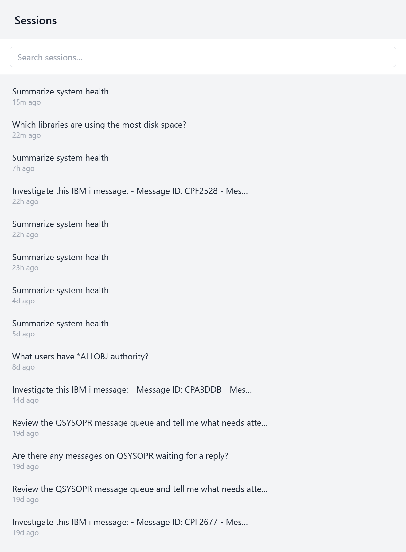 The Sessions list, showing saved chats and investigations with a search box