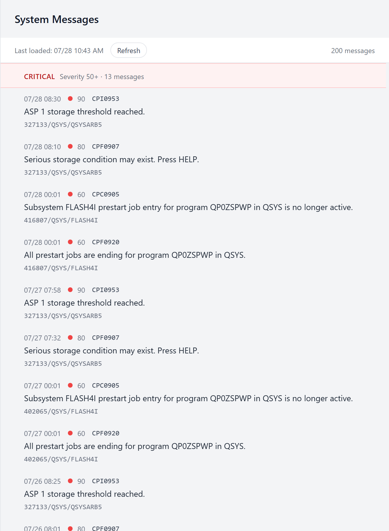 The System Messages feed, grouped by severity with the Critical group first